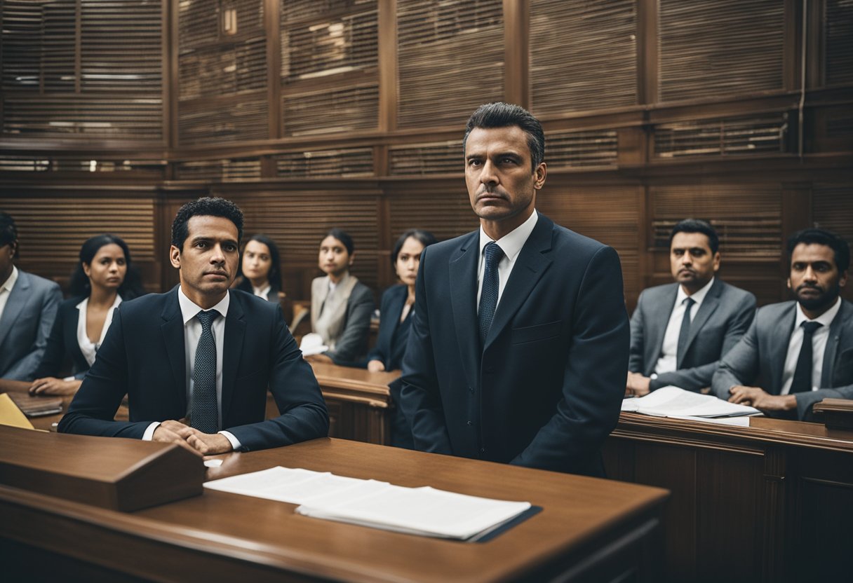 A criminal defense lawyer in Rio de Janeiro, facing a crowded courtroom with a determined expression